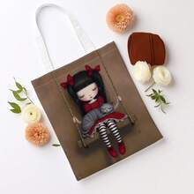1pc Gothic Cute Doll Tote Bag, Swing Dark Art Reusable Shopping Bag, Multifunctional Personalized Print Handbag, Casual Design, Suitable For Book Lovers, Perfect Gift For Friends, Birthday, New Year, Christmas,Room Decor,Travel Essential - Multicolor - View 4
