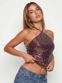 Women Fashion Sequin Tank Tops Trendy Halter Neck Sleeveless Open Back Summer Vest for Party - Burdeos - Ver 5
