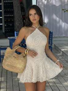Women's Spring/Summer New Embroidered A-Line Ruffle Hem Mini Dress For Vacation,Summer Dresses For Women - Apricot - View 1