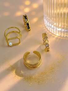 4 Buah Cincin Wanita Emas Berbentuk Persegi Geometris dengan Mutiara & Enamel Biru – Minimalis, Kilauan CZ yang Dapat Disesuaikan, Dapat Ditumpuk/Sendiri, Hadiah/Sehari-hari, Perhiasan Liburan Musim Panas yang Menarik - Emas - View 3