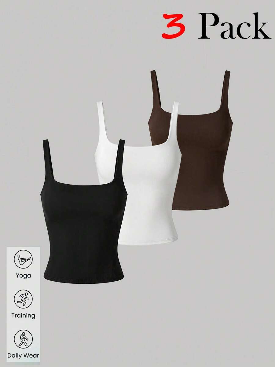 Aoqta Sports 女款休閒針織方領露背背心，內建胸墊，純色修身上衣，適合瑜伽、訓練、日常穿著