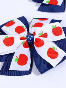2 piezas de pinzas para el cabello con lazo y estampado de manzana en blanco & azul marino para niñas, bonitas barretas, pinzas de cocodrilo, primer día de escuela, accesorios para el cabello de uso diario casual - Multicolor - Ver 2