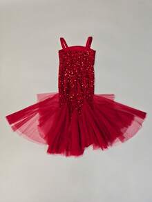 ALISA&LEO Girls' Spaghetti Strap Backless Sequin Mermaid Dress With Tulle Trim, Elegant Silhouette, Suitable For Photos, Formal Events, Weddings And Beauty Pageants - Red - View 7
