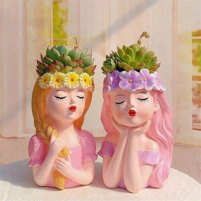Cute Girl Flower Pot, Cute Flower Crown Resin Plant Pot, Also Can Be Used As Decoration. Suitable For Living Room Dried Flower Decoration. Perfect For Indoor Desk Decor Plant Lovers. Unique Gift For Girls