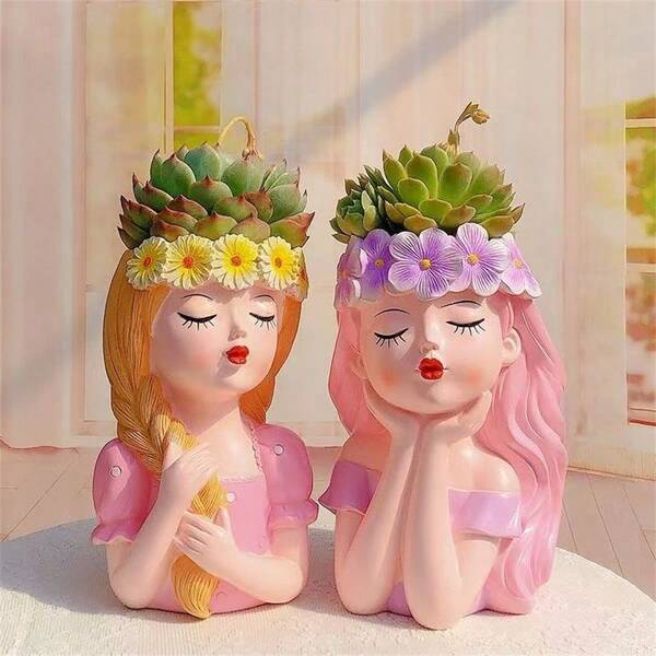 Cute Girl Flower Pot, Cute Flower Crown Resin Plant Pot, Also Can Be Used As Decoration. Suitable For Living Room Dried Flower Decoration. Perfect For Indoor Desk Decor Plant Lovers. Unique Gift For Girls