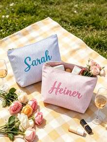 1pc Customized Personalized Embroidered Name Letter Makeup Bag, Suitable For Home Storage And Travel Use. Perfect For Cruise Trips, Dorm Life, Suitcase Organization And More. Ideal Gift Choice, Can Be Used As Bridesmaid Return Gift, Mother's Day Gift, Birthday Gift, Suitable For Mom, Friends And Teachers, Practical And Versatile, Essential Item For Daily And Holiday Occasions. - Multicolor - View 6