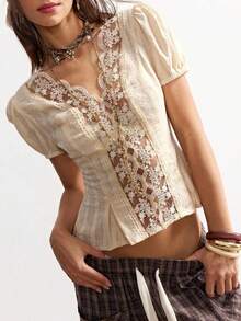 Blusa casual de mujer de manga corta con parches de unicolor y adorno de encaje - Blanco - Ver 5