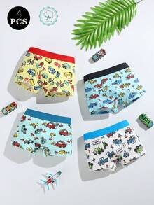 4pcs/Pack Boys' Soft & Comfortable Cartoon Car Pattern Underwear, Youth Boxer Brief Style - Multicolor - View 1