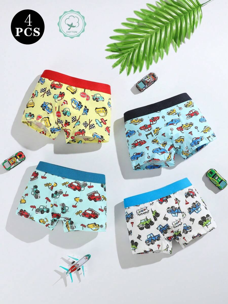 4pcs/Pack Boys' Soft & Comfortable Cartoon Car Pattern Underwear, Youth Boxer Brief Style - Multicolor - View 1