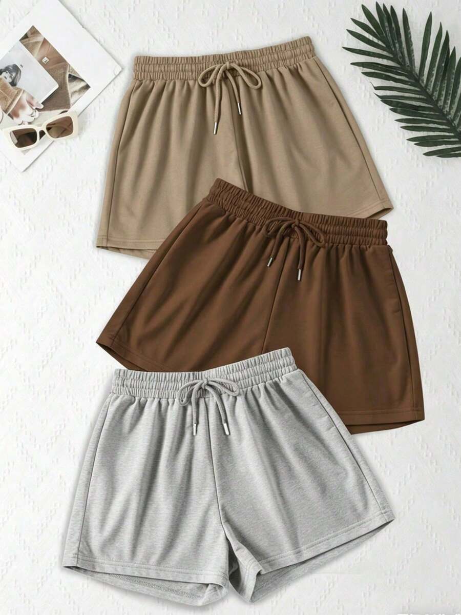 3-Piece Set Of Solid-Color Casual Athletic Shorts With Elastic Waistband And Drawstring - Blue - View 1