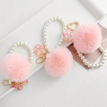 1Pc Pink Fluffy Ball Zinc Alloy Keychain, With Pearl Chain & Flower Charm, Backpack & School Bag Decor For Students - Multicolor - View 1
