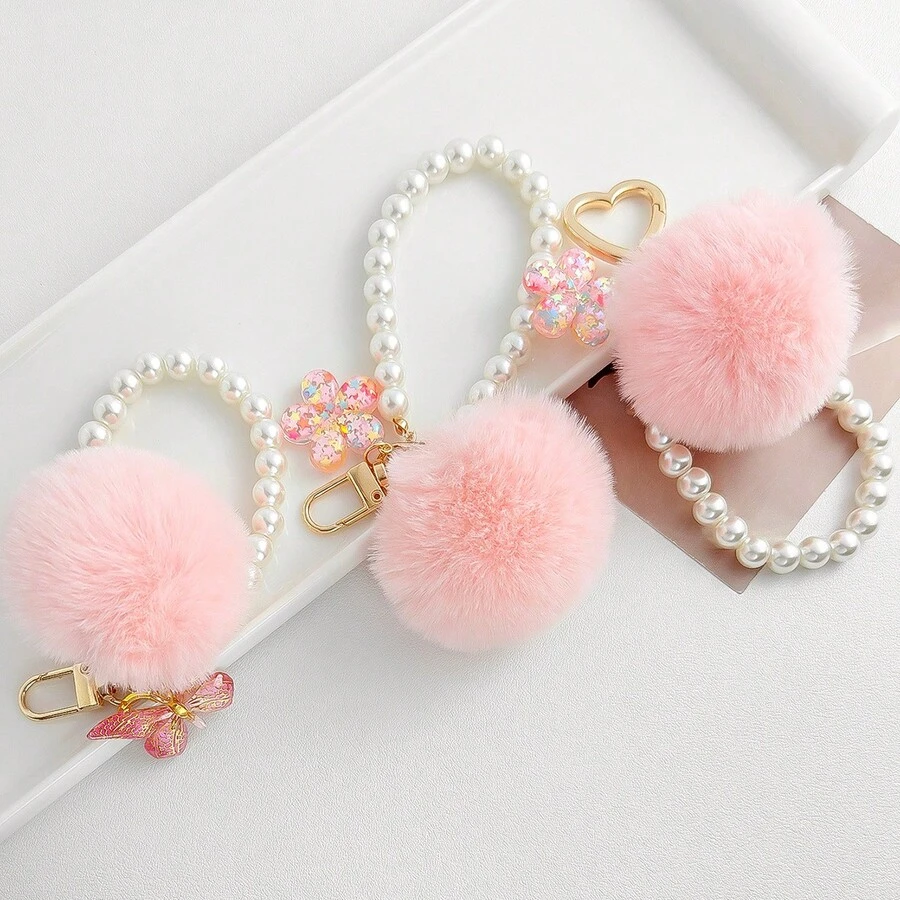 1Pc Pink Fluffy Ball Zinc Alloy Keychain, With Pearl Chain & Flower Charm, Backpack & School Bag Decor For Students - Multicolor - View 1