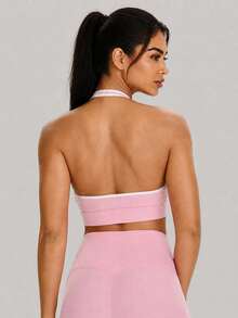Sodalemon Women's V-Neck Tank Style Sports Bra, Backless Design, Removable Padding, Contrast Color, Running, Fitness, Yoga - Pink - View 5