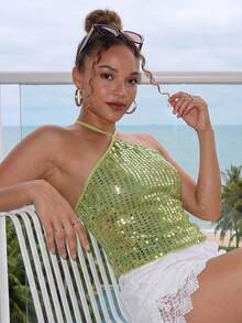 Women Fashion Sequin Tank Tops Trendy Halter Neck Sleeveless Open Back Summer Vest for Party - Verde - Ver 3