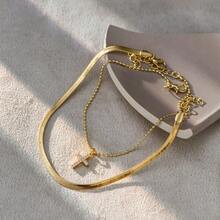 Tkool Women's Niche Design Double Layer Thin Chain Cross Anklet - Yellow Gold - View 2