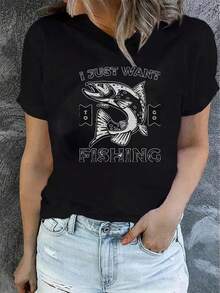 Women's T-Shirt, Short Sleeve Polyester T-Shirt For Ladies With "I Just Want To Fish" Fishing Graphic Design, Black, Casual Fit, 100% Polyester, V-Neck, Casual Style For Outdoor Activities - 黑色 - 查看 1