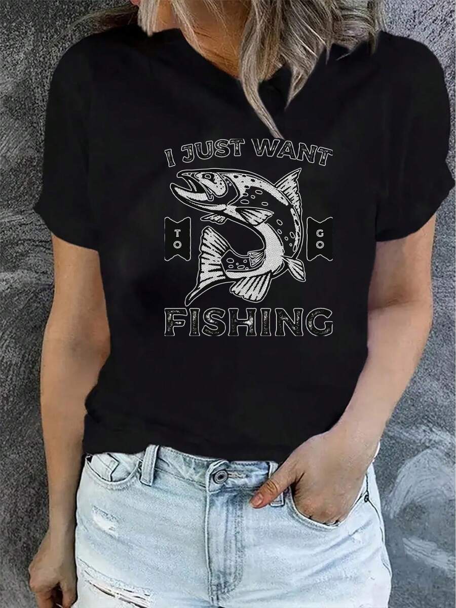Women's T-Shirt, Short Sleeve Polyester T-Shirt For Ladies With "I Just Want To Fish" Fishing Graphic Design, Black, Casual Fit, 100% Polyester, V-Neck, Casual Style For Outdoor Activities - 黑色 - 查看 1