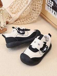 1 Pair Cute Bear Baby Walking Shoes, Black & White Color Block Soft Sole Anti-Slip Hook & Loop Functional Shoes, Suitable For Spring & Autumn - Black - View 2