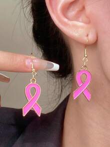1 Pair Fashionable Elegant Ribbon Heart Pink Earrings, Women's Earrings, Accessories Caring For Women's Health Breast Cancer Prevention Activity Commemorative Gift Jewelry, Suitable For Daily Wear, Gift For Family And Friends - Pink - View 4