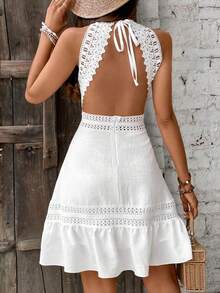 Vestido con bajo asimétrico y espalda descubierta con detalles de encaje disolvible, vestido sexy de mujer con espalda descubierta, encaje d - Marrón - Ver 2