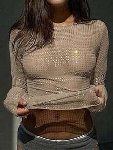 Y2K Shiny Beaded Crew Neck Long Sleeve Fitted Mesh T-Shirt Top Casual Spring - Brown - View 4