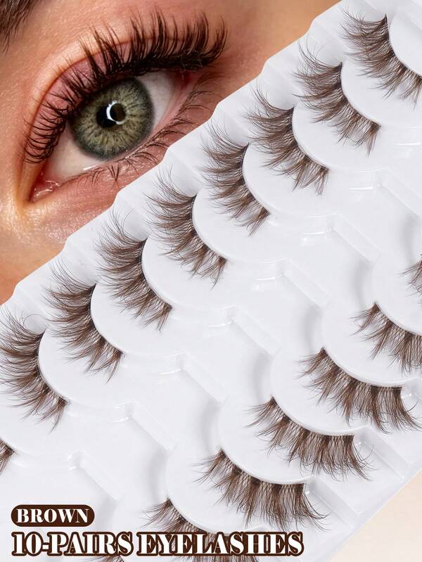 10 Pairs Brown Half-Length False Eyelashes, Natural Mixed Cat Eye Makeup, Cartoon Style False Eyelashes, Short Soft 3D Faux Mink False Eyelashes, Lightweight Fluffy Faux Mink False Eyelashes, Eyelash Extension Tools, Strip False Eyelashes Suitable For Daily Use, Women Can Wear For Travel, Party, Work And Other Occasions, Pink Packaging, Also A Great Gift For Women.