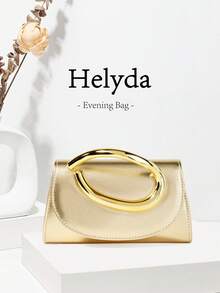 Helyda 金色棕櫚印花 PU 女款翻蓋手拿包，附金色裝飾手把，手拿包/手提包/單肩包/斜背包，適用於婚禮/派對/舞會/晚宴及其他聚會 - 金色 - 查看 1