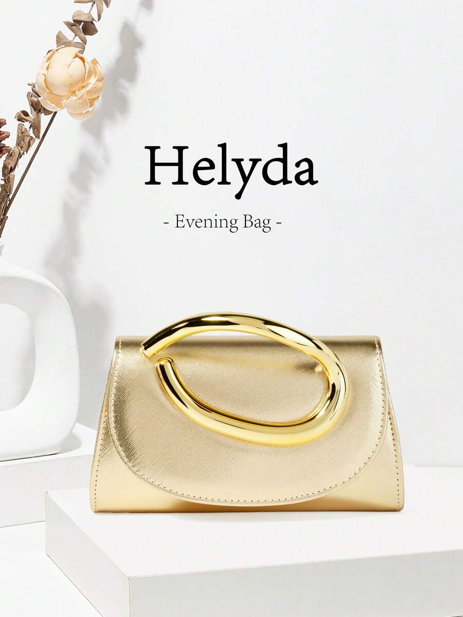 Helyda 金色棕櫚印花 PU 女款翻蓋手拿包,附金色裝飾手把,手拿包/手提包/單肩包/斜背包,適用於婚禮/派對/舞會/晚宴及其他聚會 - 金色 - 查看 1