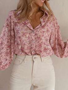 Áo sơ mi nữ dài tay in họa tiết, cài cúc phía trước, chất liệu polyester, có cổ và tay áo kiểu tay phồng, dáng suông, hơi mỏng, màu hồng nhạt, thích hợp cho kỳ nghỉ xuân. - Hồng - Xem 2