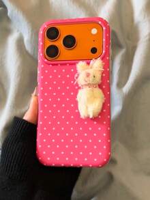 韓系Ins甜美可愛玫瑰粉圓點絨毛兔子 17 適用於 17pro Apple 17ProMax 手機殼 IPhone16 全包覆 15 新 14Pro 保護套 女款 - 玫紅色 - 查看 3