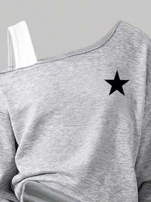 Youth Girl Cartoon Print Round Neck Asymmetrical Shoulder Long Sleeve Top And Pants - Grey - View 3