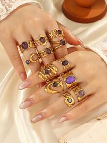 1/4/8/11pcs 304 Stainless Steel 18k Gold Plated Open Ring Set, Oval, Heart, Round, Star, Heart, Leaf Multi- Design With Purple Gemstone Inlay, Adjustable Open Size, Suitable For Women, Versatile For Daily, Commute, Date, Layering Wear (Random Non-Duplicate Styles Shipped) Or Purchase Full Set - Yellow Gold - View 6