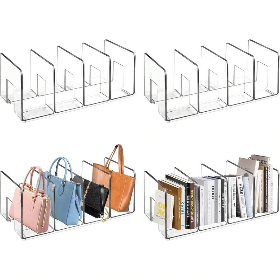 Paquete de 4 organizador bolsas de dama, con 5 Separadores, Estante Divisores de Almacenamiento para Bolsas de Clóset, Acrílicos Transparente Separadores de Libros - 01 - Ver 1