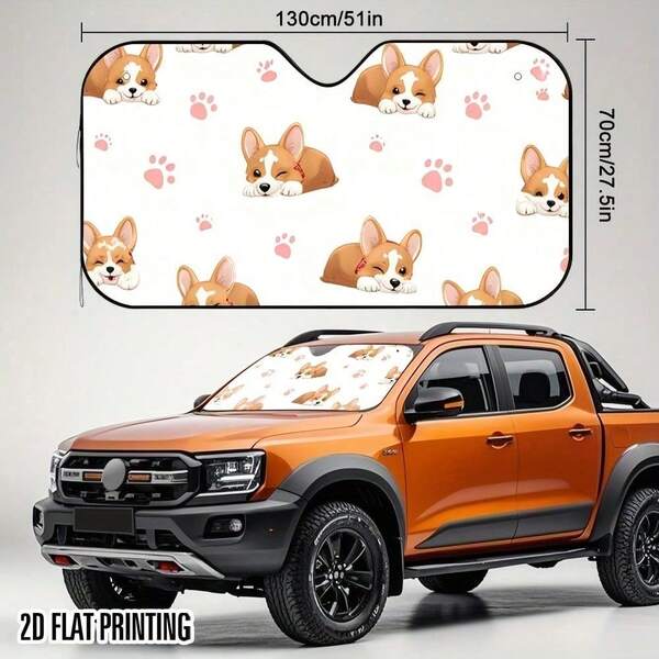 1pc 2D Flat Humorous Corgi Car Sunshade - Stylish And Practical, Protects Your Car From Heat, Includes 4 Suction Cups For Quick Installation, Foldable For Easy Storage, Suitable For Cars, SUVs, And Trucks, Cute Corgi Design With Paw Prints, Easy To I
