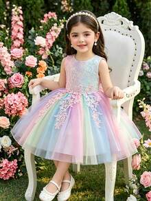 Girls' Princess Lace Rainbow Tulle Dress, Colorful Gradient Puff Mesh Dress For Birthday Party, Holiday, Performance, Ballet Dance, Sleeveless Cute Backless Dress For Girls - Multicolor - View 2