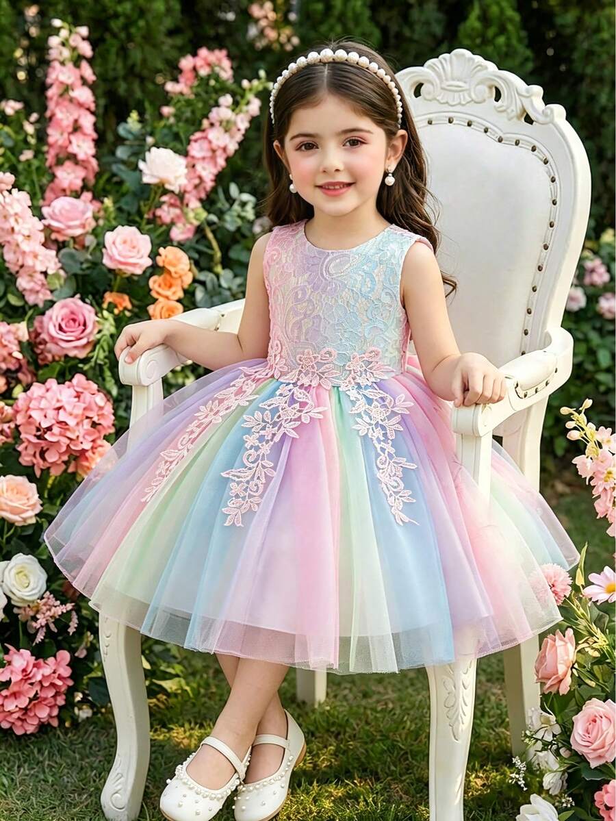 Girls' Princess Lace Rainbow Tulle Dress, Colorful Gradient Puff Mesh Dress For Birthday Party, Holiday, Performance, Ballet Dance, Sleeveless Cute Backless Dress For Girls