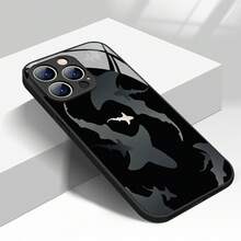 Shark Pattern Phone Case Suitable For IPhone 16 Pro Max/ 15 Pro/ 14 Plus/ 13/ 12/ 11/ X/ Xr/ Xs Max, Featuring A Stylish Design, Tempered Glass, And A Premium - 黑色 - 查看 4