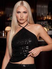 Women Fashion Sequin Tank Tops Trendy Halter Neck Sleeveless Open Back Summer Vest for Party - Negro - Ver 3