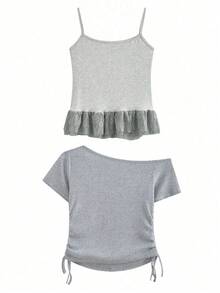 2pcs/Set Bow Tie Ruched Lace Crop Top + Camisole, Sexy Revealing Outfit Summer Elegant - Grey - View 5