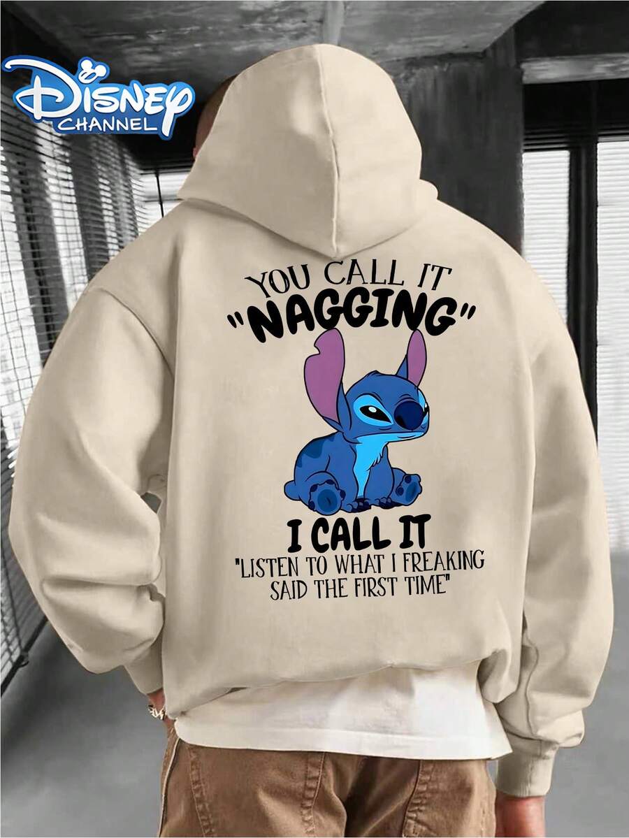 Disney's "Lilo & Stitch" Stitch Fun English Slogan Back Print Loose-Fit Hoodie (Men's),Men's Hooded Sweatshirt - 杏色 - 查看 1