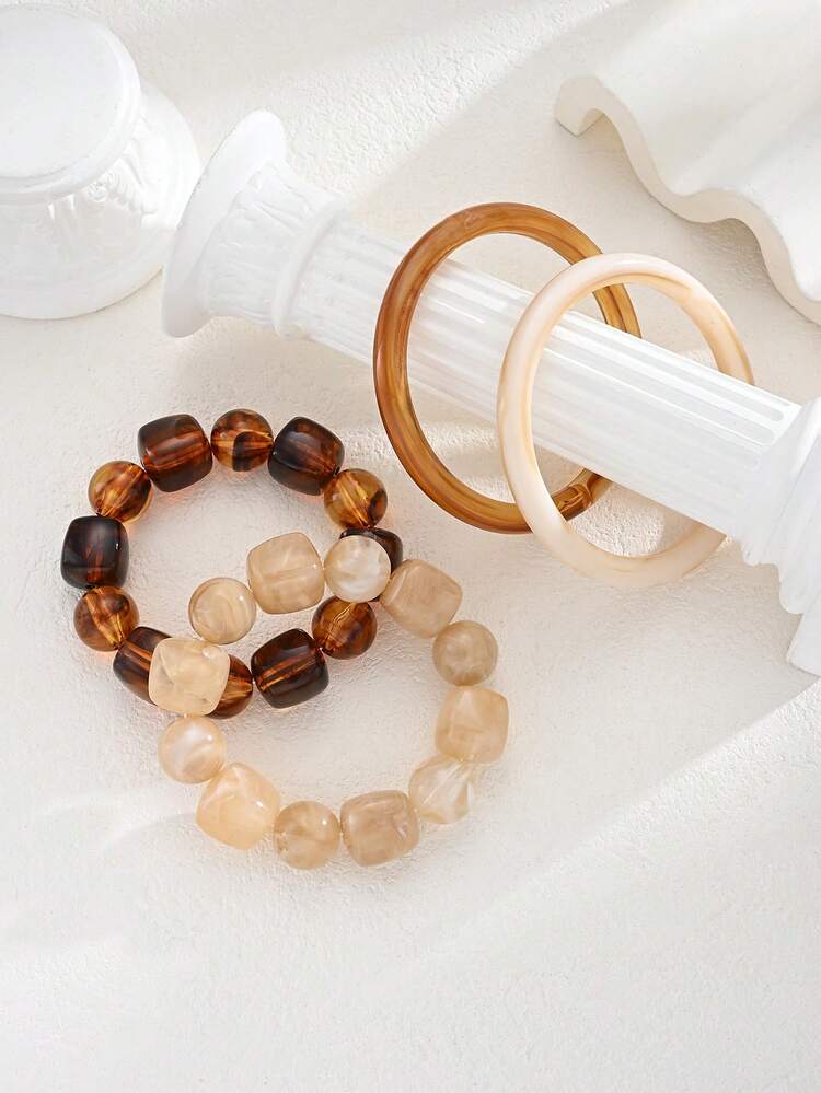 1/4/5件組 時尚復古老錢風串珠極簡樹脂ABS手鍊套組，適合女性日常配戴，誇張約會風，百搭優雅度假季飾品，完美派對生日禮物 - 彩色 - 查看 7
