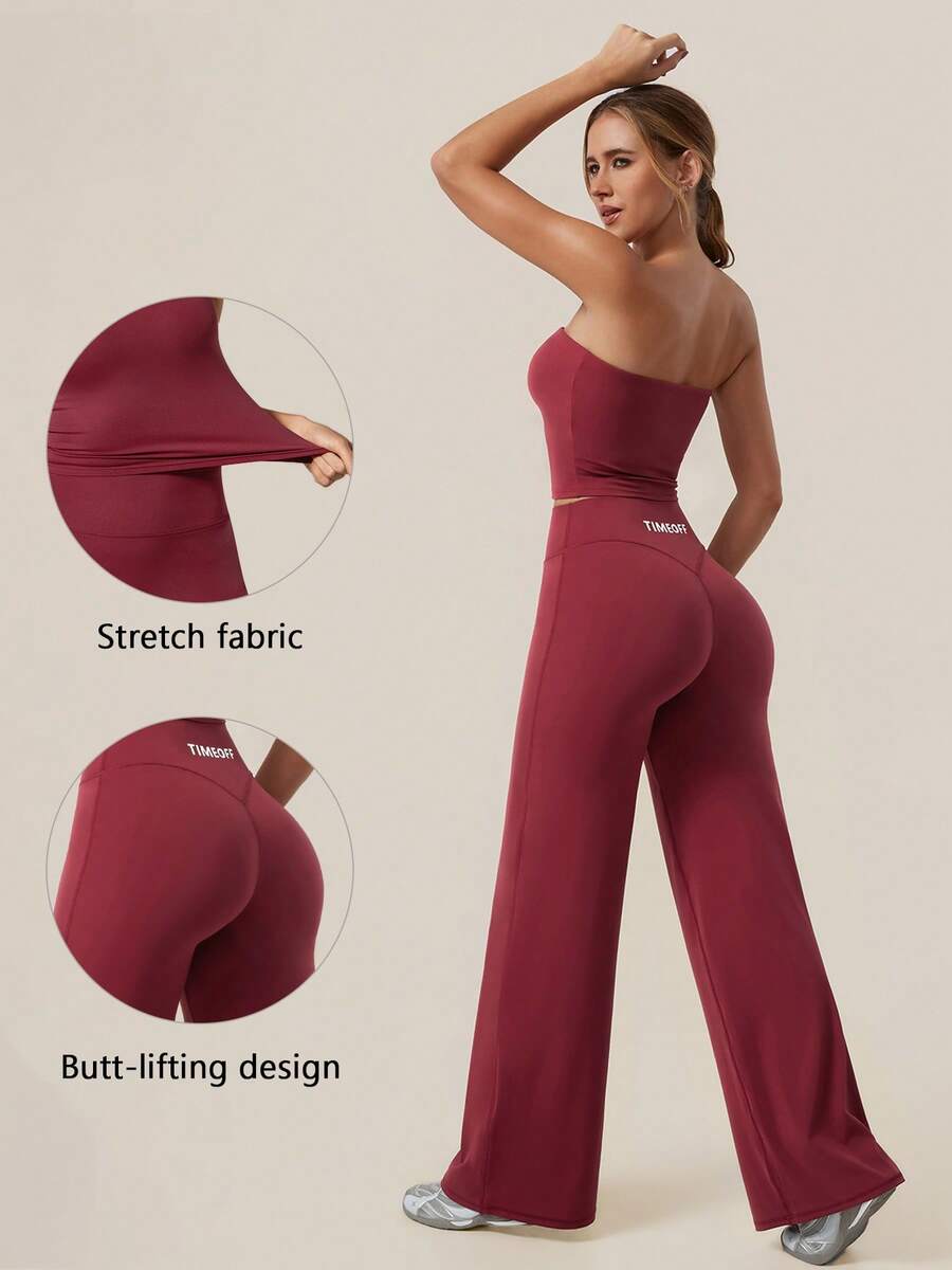 TimeOff Women's One Set Solid Color Strapless Bandeau Top With Removable Bra Pads And High Waist Wide-Leg Pants Sports Suit - Red - View 1