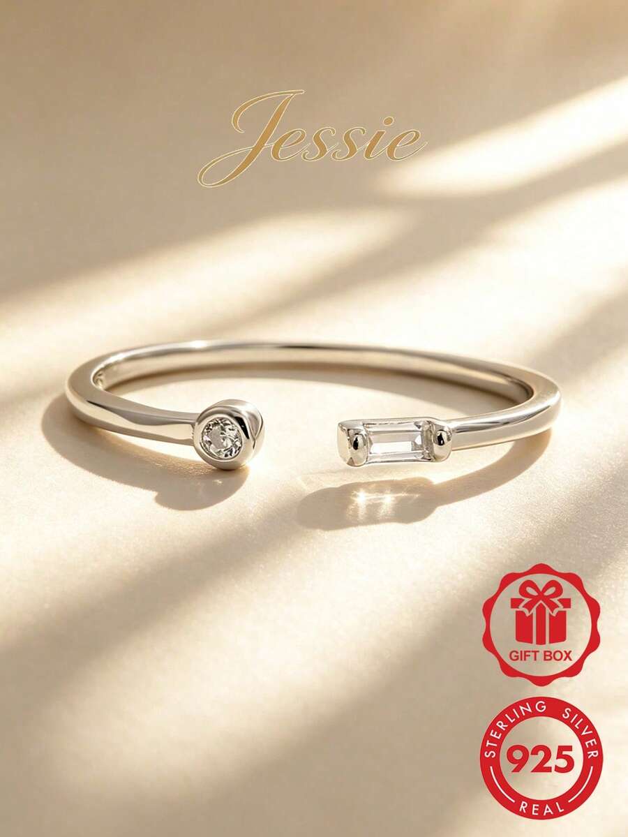 Jessie Jewelry 1pc Elegant Fashion Minimalist Mini Casual 925 Sterling Silver Geometric Open Adjustable Design Ring For Women, Date Party Daily Wear, Charming Gift - Silver - View 1