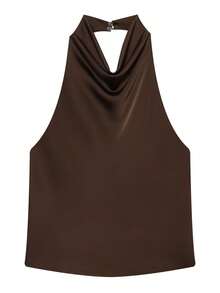 Top de satén de unicolor con cuello halter y espalda descubierta para primavera/verano - Café integral - Ver 2
