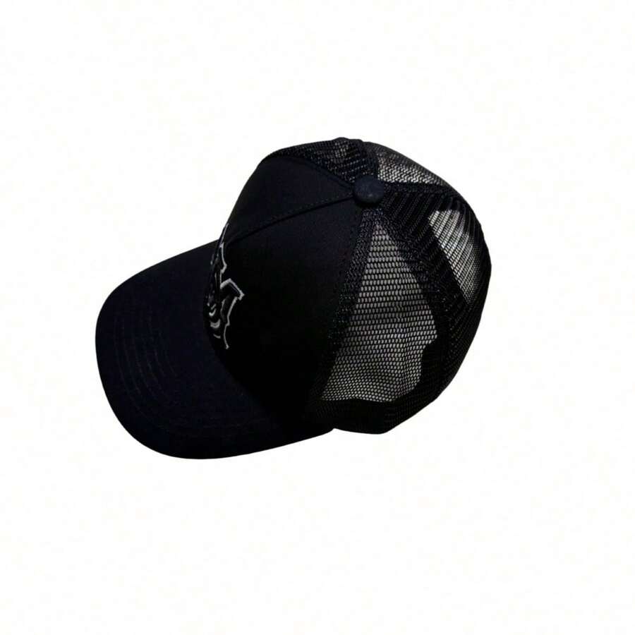 Gorra de béisbol para hombre estilo hip hop con letras, ajustable, transpirable y de malla para exteriores - Negro - Ver 1