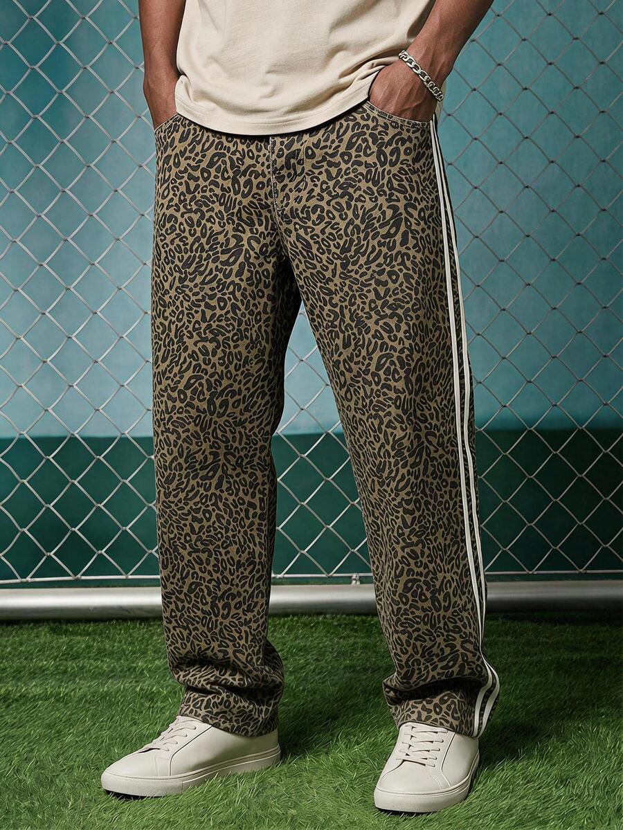 EVRINFINITE Jeans rectos de pierna con estampado de leopardo y rayas lavados, moda callejera para hombres - Multicolor - Ver 1