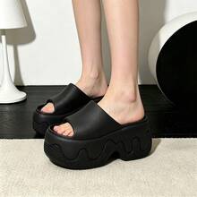 Women's All-Season EVA Wavy Thick Sole Slide Sandals, Home Casual Wear Solid Color Melting Design Minimalist Height-Increasing Slip-On Slippers - Black - View 6