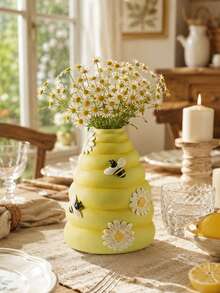 1 Stück Waben-Vase, Gänseblümchen & Bienen Design, süße gelbe dekorative Vase, geeignet für frische oder künstliche Blumen, Landhausstil Tischdekoration, Frühlings-/Sommer Wohnzimmer, Schlafzimmer, Küche, Büro Heimdekoration, Geschenk für Bienenliebhaber - 1PC - Übersicht 4