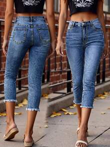 Casual, Minimalist, Versatile All-Match Skinny Denim Jeans, Suitable For Daily Commute, Summer Spring - Dark Wash - View 3