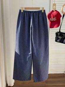 YI XUAN 2026 New Spring/Summer Fashion Women's Plaid Drawstring Waist Loose Long Pants, Suitable For Vacation Beach 2000s Style - Navy Blue - View 3